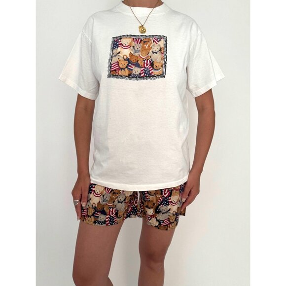 90s vintage teddy bear print USA patriotic tshirt mini shorts matching coord set - Picture 2 of 9